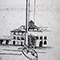 Disegno raffigurante la storica installazione del campanone fino ai secondi merli della Torre del Mangia a Siena.