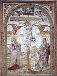 Crucifixion with the Virgin Mary, Saint John the Evangelist, Saint Jerome the Penitent, Weeping Angels and Two Prophets, Church of St. Mary of the Assumption in Barbiano, San Gimignano.