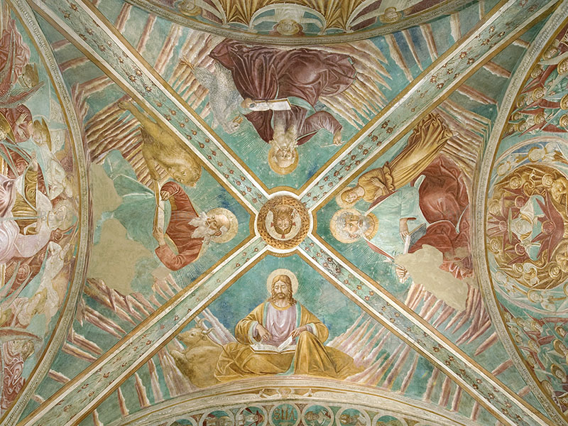 Ges benedicente e i quattro Apostoli, tabernacolo della Madonna della Tosse, Museo Benozzo Gozzoli, Castelfiorentino.