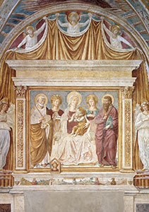 The Virgin and Child Enthroned Surrounded by Saints Peter, Catherine of Alexandria, Margaret and Paul, Tabernacle of the Madonna of the Cough, Benozzo Gozzoli Museum, Castelfiorentino.