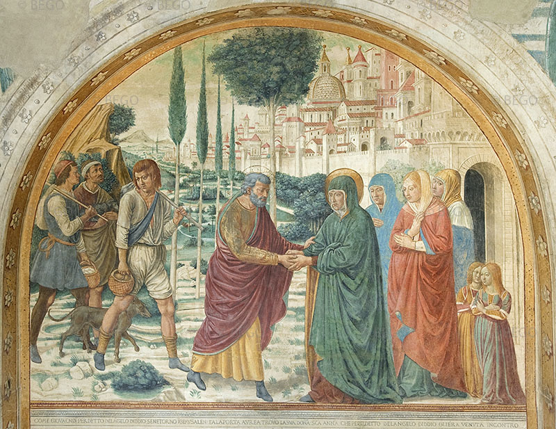 Encounter of Joachim and Anne near the Porta Aurea (Golden Gate), Tabernacle of the Visitation, Benozzo Gozzoli Museum, Castelfiorentino.
