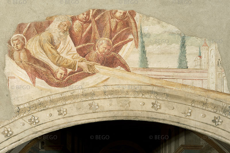 Dettaglio con elementi architettonici dipinti, tabernacolo della Visitazione, Museo Benozzo Gozzoli, Castelfiorentino.