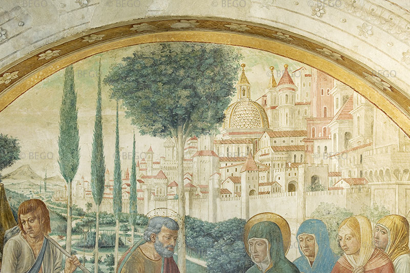 Encounter of Joachim and Anne near the Porta Aurea (Golden Gate), detail of the city, Tabernacle of the Visitation, Benozzo Gozzoli Museum, Castelfiorentino.