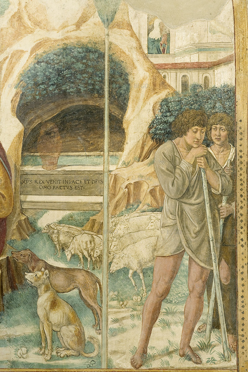Il Sogno di Gioacchino, dettaglio dei pastori, tabernacolo della Visitazione, Museo Benozzo Gozzoli, Castelfiorentino.