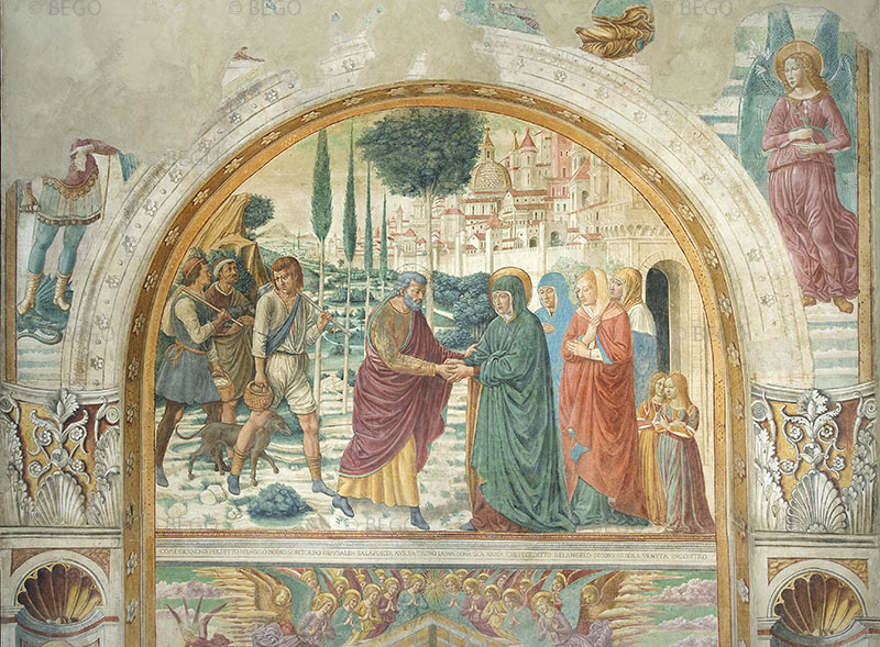 Upper register of the rear faade of the Tabernacle of the Visitation depicting Encounter of Joachim and Anne near the Porta Aurea (Golden Gate), Tabernacle of the Visitation, Benozzo Gozzoli Museum, Castelfiorentino.