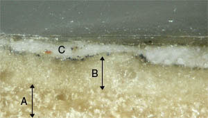 Layers of an ancient panel painting. A: preparatory layer - Coarse “gesso” (a mixture of gypsum and animal glue); B: preparatory layer - Fine “gesso” (a mixture of gypsum and animal glue); C: priming layer.