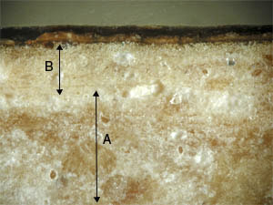Layers of “gesso” on an ancient panel painting. A: coarse “gesso” (a mixture of gypsum and animal glue); B: fine “gesso” (a mixture of gypsum and animal glue)