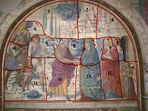 The 15 days of the scene depicting Encounter of Joachim and Anne near the Porta Aurea (Golden Gate), Tabernacle of the Visitation, Castelfiorentino.