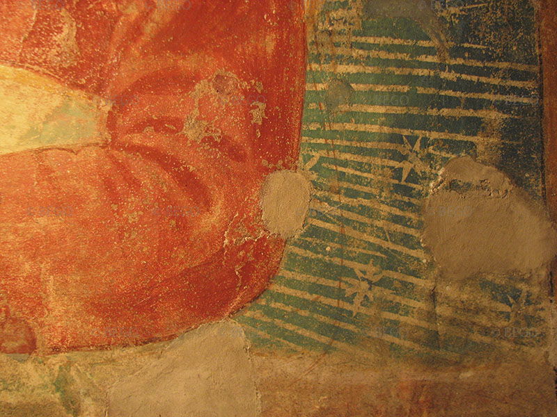 Tabernacolo della Madonna della Tosse, particolare del braccio sinistro di San Marco in cui si notano pentimenti di disegno.