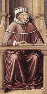 Agostino apre una scuola di retorica a Roma, dettaglio, chiesa di Sant'Agostino, San Gimignano.