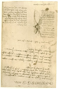Codice Arundel, 147r. - Studi sul corso dell'Arno e scritta apocrifa di Simone di Matteo Migliorotti, c. 1504.
