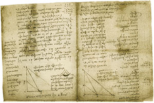 Codex Arundel, 191r. - Memorandum with mention of Florentine personages and families: "Go to the home of the Pazzi ... / to the Antellesi / ... Pandolfino's book .../ Lattantio Tedaldi / Lorenzo de' Medici's grammar / Giovan del Sodo / Sansavino / Pier di Cosimo / Filippo and Lorenzo ... / Michelagnolo's chain / the Benci's world map /...", c. 1504 (with later additions).