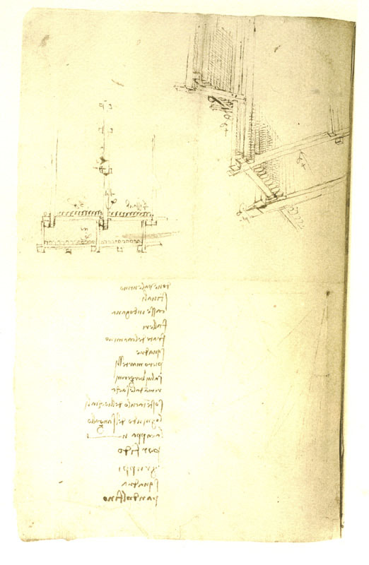 Codice Arundel, 202v. - "Frate del Carmino / Piero Martelli .../ lo 'gniudo del Sangallo / Pandolfino", c. 1503.