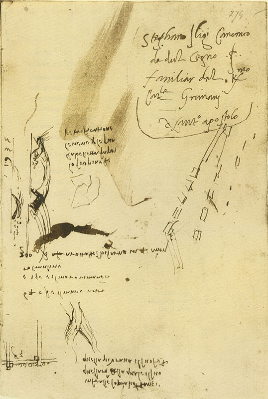 Codice Arundel, 274r. - Annotazioni sull'Arno e il Bisarno: "300 braccia a rotta del Bisarno in 4 anni", c. 1504.