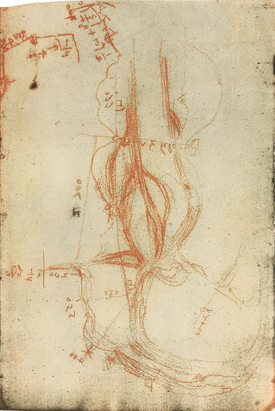 Codex Arundel, 275v. - Studies on the course of the Arno with directions and measurements, c. 1504.