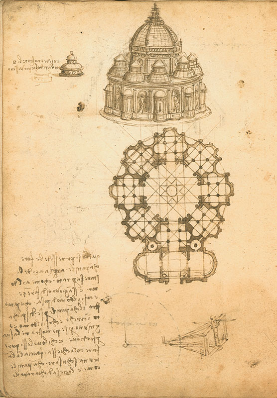 Codex Ashburnham 2037, 5v. - "Here there cannot nor should there be made any bell tower, which should instead be separate like the Cathedral and the Baptistery in Florence, and like the Cathedral of Pisa, whose circular bell tower stands alone, as does the Cathedral", c. 1487.