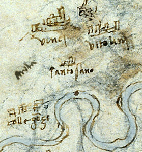 Detail showing Vinci, Vitolini, Sant'Ansano and Collegonzi in the "Leonardo restored" map (from RLW 12685).