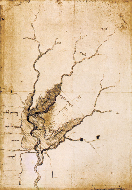 Il progetto del lago di San Lorenzo in Arniano in un disegno di Leonardo (RLW 12676).