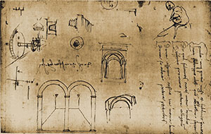 Codice Atlantico, 80r. - Distici latini apocrifi riferiti all'assedio di Colle Valdelsa nel novembre 1479, c. 1480.