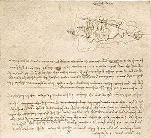 Codex Atlanticus, 127r. - "Florence Canal" with a diagram of the route Florence – Prato – Pistoia – Serravalle – Lake (of Fucecchio) – Pisa. Writes Leonardo: "Make at the Chiane d'Arezzo such sluice gates that, when water is lacking in the Arno in summer, the canal will not remain dry, and make this canal wide 20 braccia wide and at the bottom and 30 at the mouth...", c. 1495.