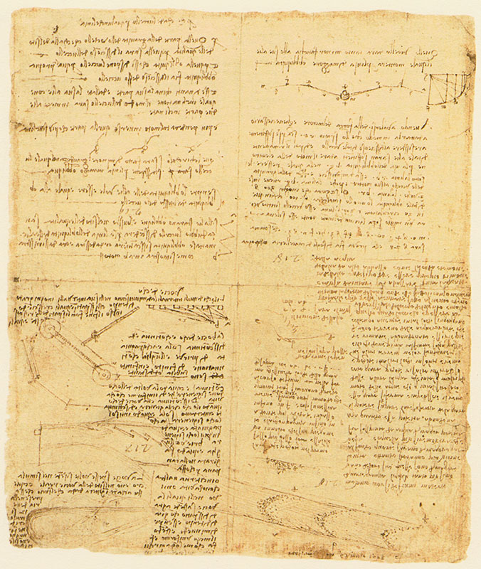 Codice Atlantico, 211v. -  Foglio con studi sul volo degli uccelli e sul moto delle acque, e il promemoria "in Affrico add 5 di marzo 1503", c. 1503.