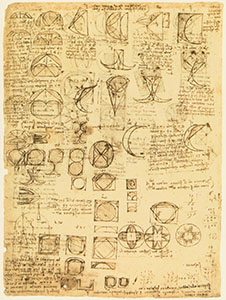Codex Atlanticus, 225r. - Among falcate figures and arithmetical operations, Leonardo mentions Alessandro Amadori, "Canon of Fiesole" and the  "plain of Pisa", c. 1515.