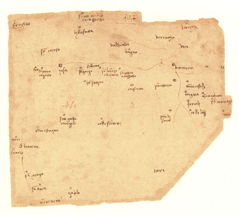 Codice Atlantico, 305r. Toponimi della Toscana marittima dal Serchio a Montenero, c. 1503.