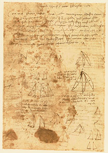 Codex Atlanticus, 364 r. - Folio with geometric studies and draft of a letter written by a pupil on behalf of Leonardo dated July 5, 1507 and addressed to "My dear beloved mother". In the letter can be read: "To remind you of what you have to do with a sword that I left you, bring it in the Piazza delli Istrozzi to Maso delle Viole; be sure to give it to him, because it is very important."
