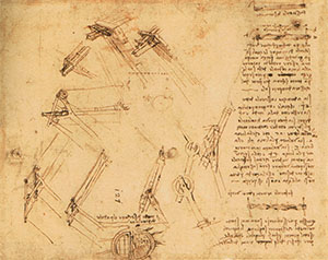 Codice Atlantico, 382 r. - Foglio con la descrizione del "Modo d'afforzicare un fasciculo di vimine" e, in basso a sinistra, del "Modo di seccare il Padule di Piombino", c. 1504.
