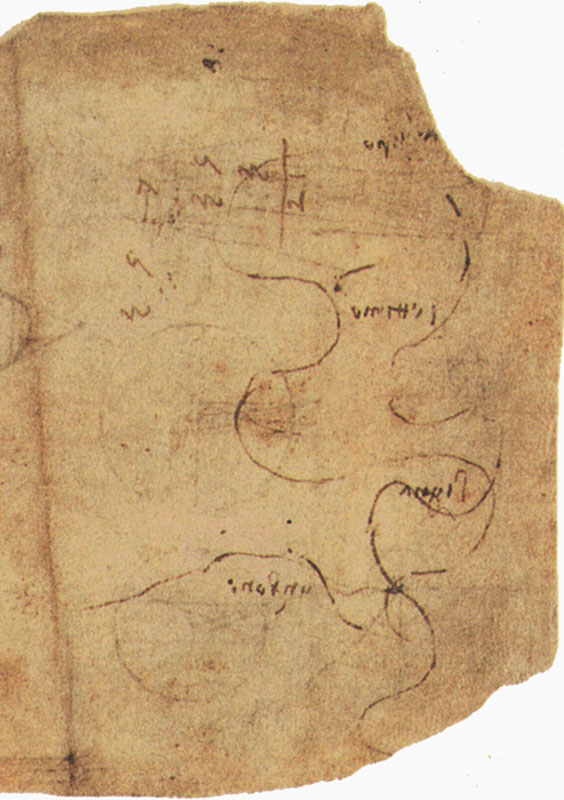 Codice Atlantico, 491v. - Nella parte inferiore del foglio, schizzi sul corso dell'Arno con Settimo, Signa, e Ombrone, c. 1503.