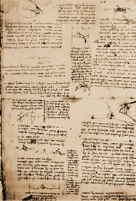 Codex Atlanticus, 571a-r. - Folio dedicated to study of the flight of birds and to the similarities between air and water. Among the annotations: "The outflow of the mill on the Arno is good for the sluice-gate at Ponte Rubaconte", c. 1507.