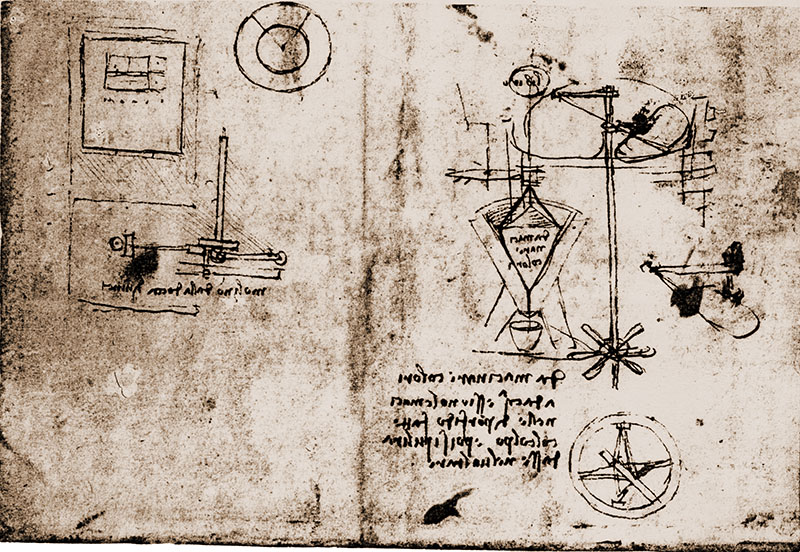 Codex Atlanticus, 765r. - The "Doccia Mill at Vinci" and notes on grinding water colours, c. 1504.