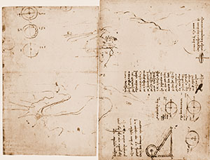 Codice Atlantico, 765v-766r. - Il Montalbano con Capraia e la valle dell'Arno verso Montelupo, con appunti sui mulini, c. 1504.