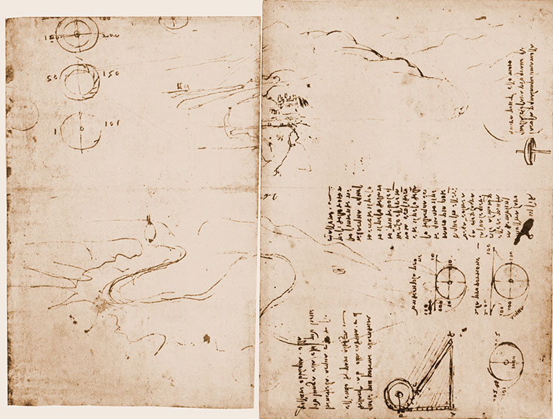 Codice Atlantico, 765v-766r. - Il Montalbano con Capraia e la valle dell'Arno verso Montelupo, con appunti sui mulini, c. 1504.