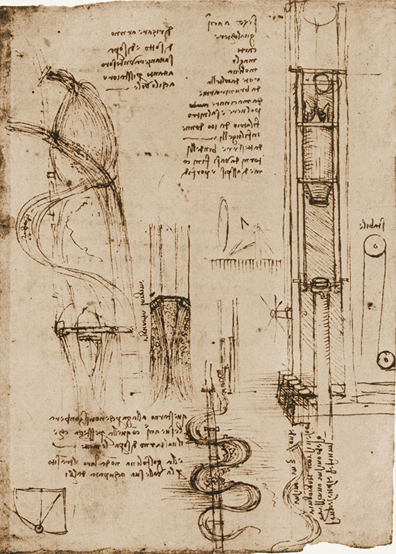 Codice Atlantico, 785b-r. - Studi per il Canale d'Arno, con note su argini e gualchiere, sega ad acqua e mulini, filatoio e alluvione, c. 1503.
