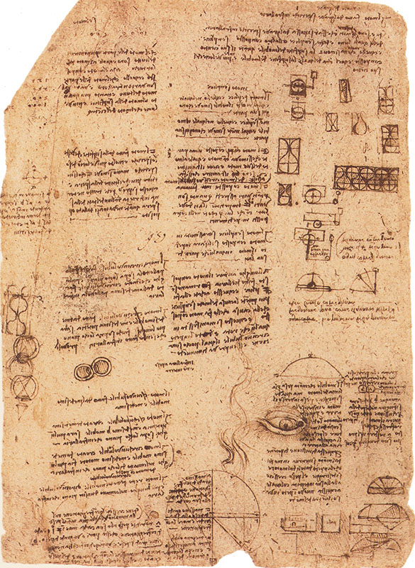 Codex Atlanticus, 864r. - An eye resembling that of the Mona Lisa and a study for the Medicean quarter in Florence: "balls (Palazzo Medici), (San) Giovannino", c. 1515.