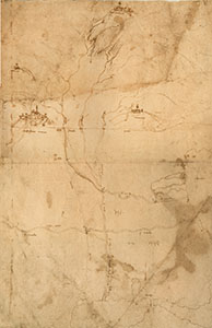Codex Atlanticus, 918r. - Study for a map of Tuscany (and adjacent areas), c. 1502. Hydrography in pencil, place names in pen and ink on paper. Codex Atlanticus, f. 910r. Surroundings of Castiglion Fiorentino (Aretino): "Montanina / Mammi / Chasstiglione aretino / a / b / c / to c is 1000 braccia / Cilone / road / Vingone / Renello / Monterchio / road [today SS 71] / road / road / 1380 braccia / 2024 braccia / Rucano / Chiane / road / 2208 braccia / 1472 braccia / 1704 braccia / f. Renello / f. Renello / 1104 braccia / road / the high 16 braccia / 1288 braccia / 650 braccia / Lock / [S]anto Antonio / Lake", c. 1502.