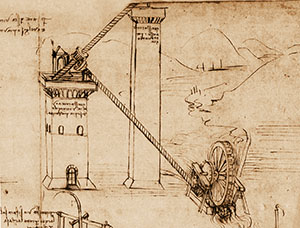 Codice Atlantico, 1069 r. - Visione del Valdarno e ingegni idraulici, c. 1490.