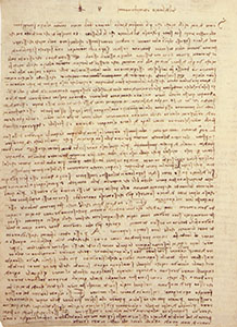 Codex Leicester, 8v. - Page without illustrations, with observations geology, palaeontology and physical geography, preceded by a title: "Concerning the Deluge and fossil seashells". The presence of fossil seashells on the high mountains of Northern Italy, far from the sea, could not be attributed to the Biblical Flood, according to Leonardo. The seashells had lived in the sea and being "no faster in motion that snails out of the water, and even a bit slower" could not have travelled the 250 miles from the Adriatic Sea to Monferrato in the 40 days of the Biblical event. Furthermore, their weight kept them on the bottom, while Leonardo had found them on the mountaintops and in the lakes amidst the mountains, such as Lake Maggiore and Lake Como (and here he also mentions the lake of Fiesole and that of Perugia). Further on, as an example of the rivers that fall to the sea from a great height, he mentions the Arno at Golfolina, near Montelupo; he also describes the agglomerations of pebble and various stones, and the tufa rock as the "congealing of sand" at Castelfiorentino. Lastly, he recalls the fossil shells found "with various other marine things" in "bluish mud'", in the gorge cut by the Arno near Collegonzi (Vinci). The orderly arrangement of the layers of fossils shows that they had not been projected this far in the vortexes of the Biblical Flood (cf. ff. 9A - 9r, 9B - 9v, 10A - 10r, 10B - 10v).