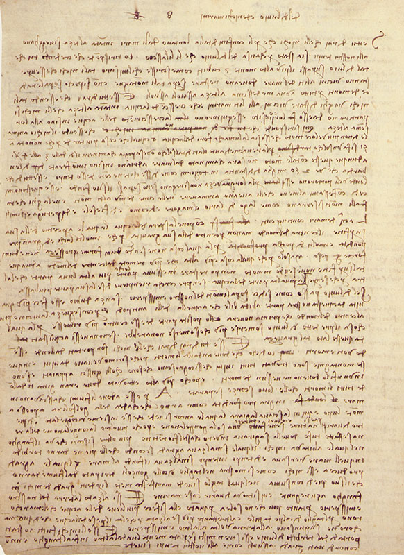Codex Leicester, 8v. - Page without illustrations, with observations geology, palaeontology and physical geography, preceded by a title: "Concerning the Deluge and fossil seashells". The presence of fossil seashells on the high mountains of Northern Italy, far from the sea, could not be attributed to the Biblical Flood, according to Leonardo. The seashells had lived in the sea and being "no faster in motion that snails out of the water, and even a bit slower" could not have travelled the 250 miles from the Adriatic Sea to Monferrato in the 40 days of the Biblical event. Furthermore, their weight kept them on the bottom, while Leonardo had found them on the mountaintops and in the lakes amidst the mountains, such as Lake Maggiore and Lake Como (and here he also mentions the lake of Fiesole and that of Perugia). Further on, as an example of the rivers that fall to the sea from a great height, he mentions the Arno at Golfolina, near Montelupo; he also describes the agglomerations of pebble and various stones, and the tufa rock as the "congealing of sand" at Castelfiorentino. Lastly, he recalls the fossil shells found "with various other marine things" in "bluish mud'", in the gorge cut by the Arno near Collegonzi (Vinci). The orderly arrangement of the layers of fossils shows that they had not been projected this far in the vortexes of the Biblical Flood (cf. ff. 9A - 9r, 9B - 9v, 10A - 10r, 10B - 10v).