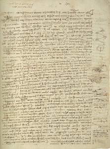 Codex Leicester, 13r. - Page with nine figures and eighteen propositions ("16 cases" pertaining to river currents, navigation, and the tides, with a memorandum added at the top on two books, the "De navi" by Leon Battista Alberti and the "De acqujdotti" (i.e., the "De aquis urbis Romae") by Sextus Julius Frontino. A system for facilitating the deviation of rivers is inspired by a method used in Flanders, reported to Leonardo da Niccol by Forzore Spinelli (a goldsmith). The observations on the Arno, described in the figures, refer to the Florentine section of the river delineated by the Ponte Rubaconte (today's Ponte alle Grazie), Palazzo Bisticci and Palazzo Canigiani, the "della Giustizia" weir and the island of the Cocomeri "in the middle of the Arno".