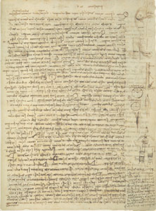 Codex Leicester, 15r. - Page with twenty-seven studies ("26 cases") and five drawings in the margin on the confluences of  lesser watercourses with the Arno River, with three diagrams on the level of equilibrium and an added note (with three figures) on experiments with steam. The first figure shows how the Rifredi flows into the Arno, whose line of current runs close to the opposite bank. The second figure represents the confluence of the Mugnone (see the "anatomy" of this section of the river on folios 148v and 149r of the Codex Arundel, and on RL 12677, 12678, dating from 1503). The third instead compares the positions of three different tributaries, one of which, the Ombrone (in the Golfolina), enters at an acute angle, unfavourable, resulting in a "maximum backflow" at its mouth. Similar demonstrations are found on folio 18B - 18v, for the Mensola torrent in particular.