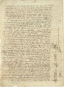 Codex Leicester, 18v. - Page with four drawings and sixteen "cases" on the confluence of two rivers and the relevant effects. Leonardo considers the numerous variables that could occur in the combination of larger and smaller watercourses, of different orientation. The most precise and best documented is the one regarding the Arno, where the Mensola torrent flows into it (cf. the beautiful drawing RLW 12679). The Mensola is flowing at high water, its mouth is obstructed by stones and debris that the water leaps over, falling beyond and digging out the riverbed; and then pushes on the material it has excavated, creating three "cliffs"; as long as the Arno is at low water it cannot break them down... Three figures show an acute angle of confluence; two minor watercourses that augment the course of the major one; the dominant force of the current of the big river over that of a torrent intersecting it. Writes Leonardo: "Concavity made by Mensola, when Arno is low and Mensola big".