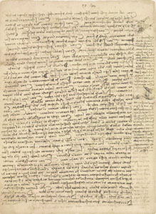 Codex Leicester, 22v. - Page with a series of forty-two topics ("39 cases"), as subjects to be studied and discussed: from hydraulic engineering to life in the rivers and seas. A curious expedient is the idea of cleaning riverbeds by the trampling feet of "large animals" (however, cf. Alberti, "De architettura"). In particular Leonardo describes a strategic use of the watercourses in a valley to frighten the enemy. One observation refers to a whirlwind over a sandbar in the Arno, in the form of a very high bell tower, with the top spreading out like the branches of a great pine tree.
