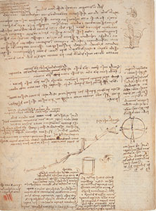 Codex Leicester, 30v. - Page with notes and six illustrations pertaining to water, wind and air. The fourth figure shows a sequence of cascades relevant to an observation on water that descends in spite of obstacles, introduced by a reference to the mills of San Niccol, in Florence, studied in experiments with water flowing out of a vessel.