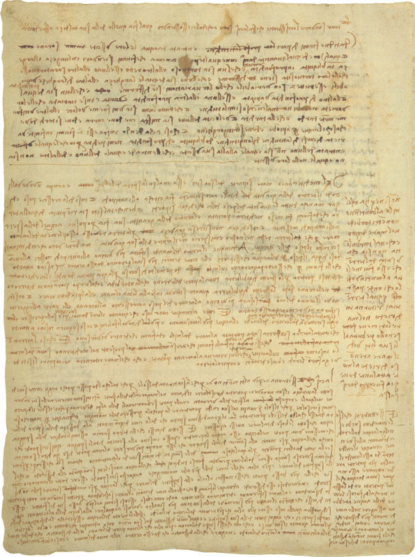 Codex Leicester, 32v. - Page without figures, containing observations on watercourses and on physical geography. On the lower part of the sheet Leonardo discusses subjects pertaining to the presence of water on mountains, which is not drawn there by the heat of the sun. The earth does not act "like a sponge"; it is not true that the water in the sea, far from the shore, is as high as the mountains. Writes Leonardo: "The water found in the highest mountains is not there because it was drawn up by the sun, because little of such heat arrives there, as can be seen below La Vernia, the force of the sun being insufficient to melt the ice in the greatest heat of summer; on the contrary, the ice remains stored in the caverns where it was placed at the end of winter [...]".