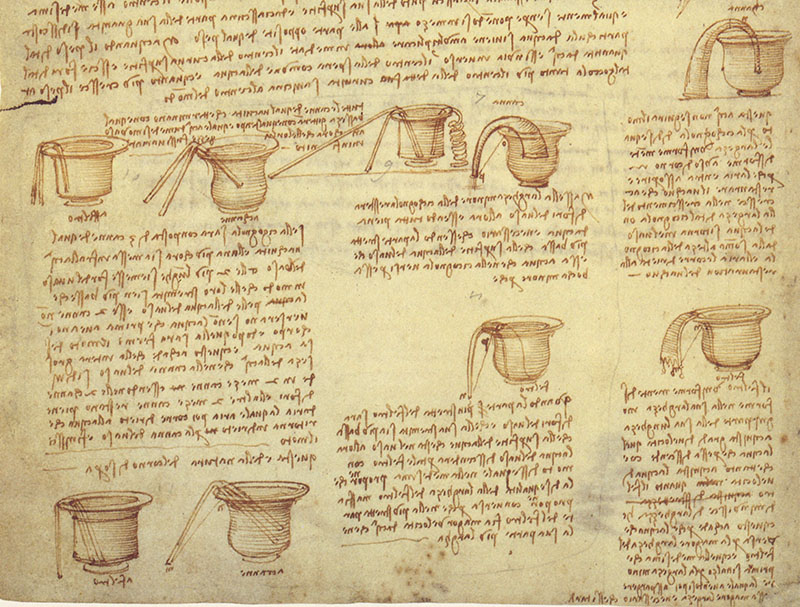 Codex Leicester, 34v. - "There are two centres of sphericity of water: one is that of universal water, the other is particular. Of the universal kind is that which serves for all of the waters without motion, which make up a great quantity, such as canals, ditches, fish nurseries, springs, wells, dead rivers, lakes, swamps and seas; the which, although they are all of different heights, have surfaces that are equidistant from the centre of the world, as in the lakes found at the tops of the highest mountains, like the one on Pietra Pana, and the lake of the Sibilla, a Norcia[...]". The mountain of "Pietra Pana", mentioned also by Dante, is Pania della Croce, in the Alpi Apuane; it has an altitude of 1,858 meters above sea level. Today there is a mountain shelter, the Rifugio Pietra Pana, at an altitude of 1,180 m.