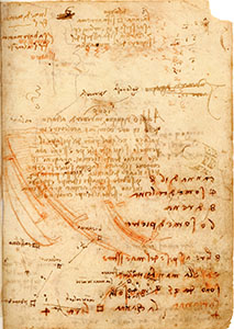 Codice di Madrid II, 1r. - Promemoria della Battaglia di Anghiari e percorsi e distanze tra Pontedera e il Sasso della Dolorosa, c. 1504.