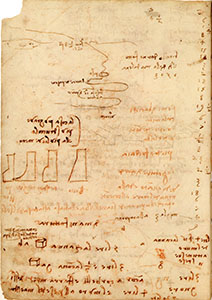 Madrid Ms. II, 1v. - Notes on the surroundings of Pisa ("Level of the Arno taken on the day of the Magdalene [July 22] 1503") and notes on work at Piombino, c. 1503-1504.
