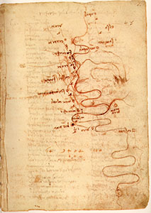Codice di Madrid II, 2r. - Percorsi da Vinci a Vico Pisano e da Empoli a Cascina, c. 1503.